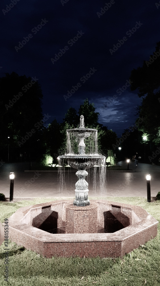 Obraz premium Fountain in the square in the night city park.