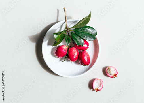 Lilly Pilly (Myrtaceae or Monkey Apple) on white ceramic plate photo