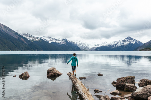 View of female hiking at Joffre lake in Vancouver, BC