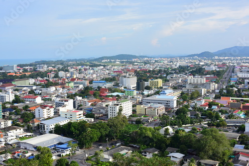 Natural views with the sea and mountains of Songkhla seen from the top of the mountain. © tharathip