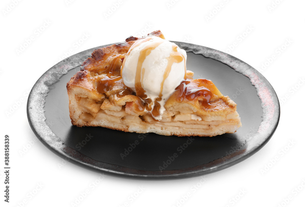 Slice of traditional apple pie with ice cream isolated on white Slice of traditional apple pie with ice cream isolated on white