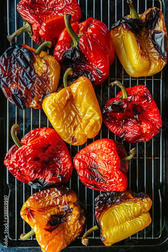 Roasted bell peppers on baking rack