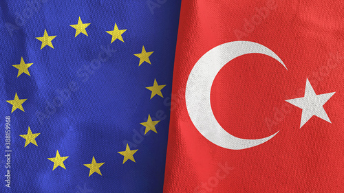 Turkey and European Union two flags textile cloth 3D rendering