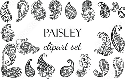 Set of various paisley clipart, black on transparent vector elements. Use for Indian and Arabic events and holidays decoration