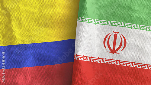 Iran and Colombia two flags textile cloth 3D rendering