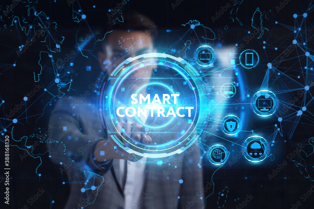 Business, technology, internet and network concept. Young businessman thinks over the steps for successful growth: Smart contract Business, technology, internet and network concept. Young businessman thinks over the steps for successful growth: Smart contract