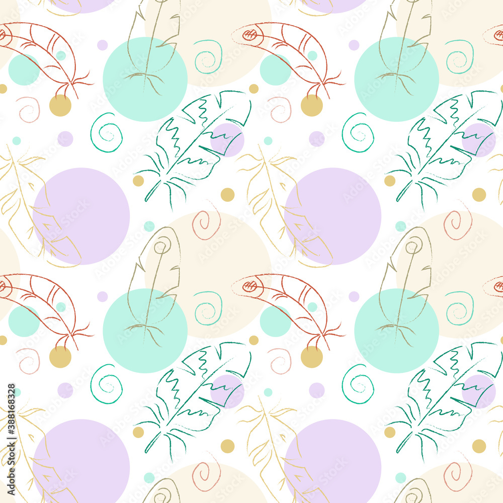 Obraz premium Abstract seamless pattern of circles, hand drawn feathers and spirals. Calm pastel colors