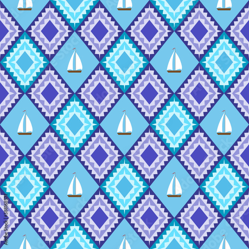 Seamless pattern with sailboats on blue diamond background. Summer, travel, yachting design
