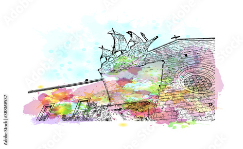 Building view with landmark of Cagliari is the capital city of the Italian island of Sardinia. Watercolor splash with hand drawn sketch illustration in vector.