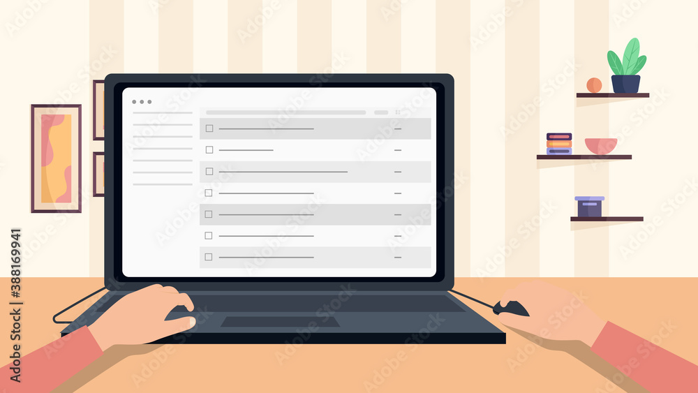 Hands on a laptop. Work at the laptop. Workplace. Vector flat style Hands on a laptop. Work at the laptop. Workplace. Vector flat style