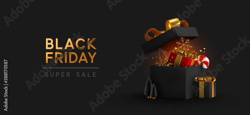 Black Friday Super Sale. Realistic black gifts boxes. Open gift box full of decorative festive object. Golden text lettering. New Year and Christmas design. Xmas background. vector illustration