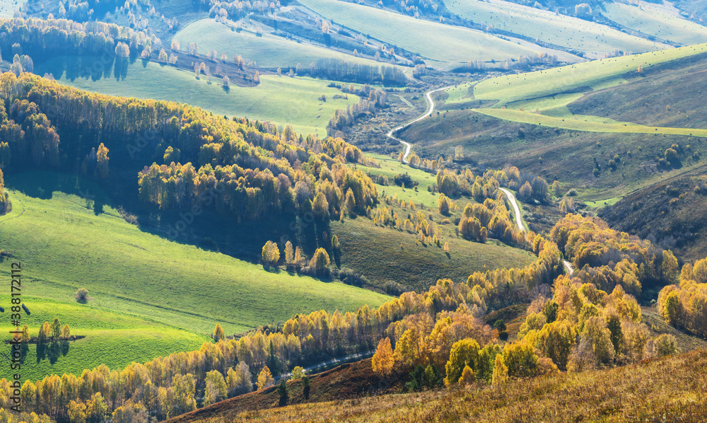 A country road winds through a picturesque valley. Meadows and forest, autumn view.