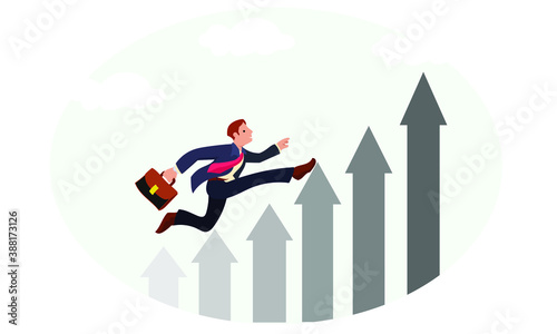 Businessman run and climb the stair graph arrow in vector with flat design illustration style. Reach the target and vision concept © muhammad