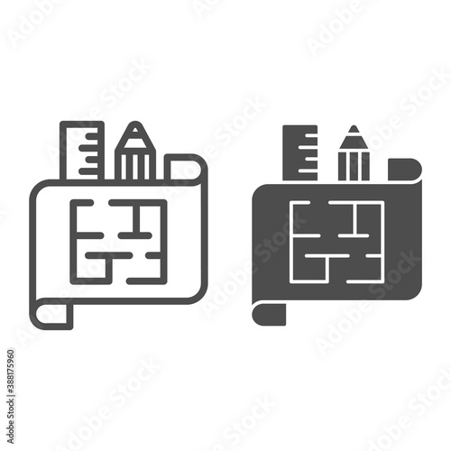 House plan on paper with ruler and pencil line and solid icon, interior design concept, architecture house plan sign on white background, house scheme icon in outline style. Vector graphics.