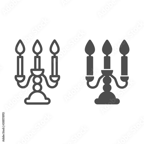 Antique candlestick with burning candles line and solid icon, room decor concept, candelabrum sign on white background, rarity candlestick icon in outline style for mobile concept. Vector graphics.