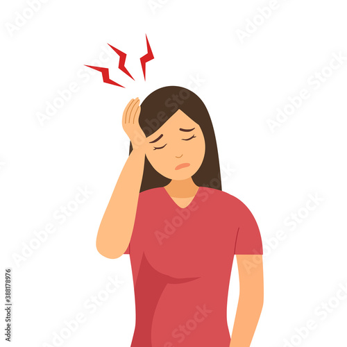 Young woman having painful headache concept vector illustration on white background. Migraine health problem flat design. Office syndrome.