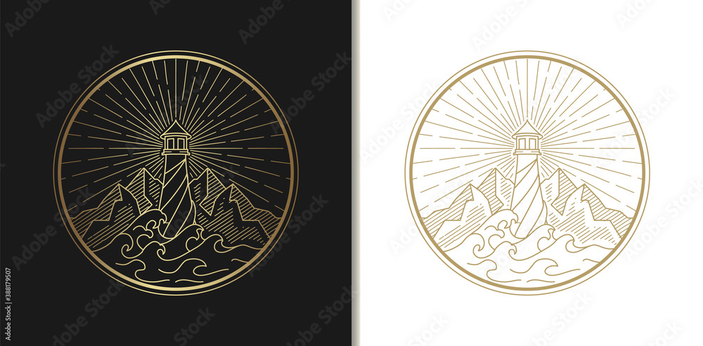 Lighthouse logo vector drawing, seascape, wave  and montain