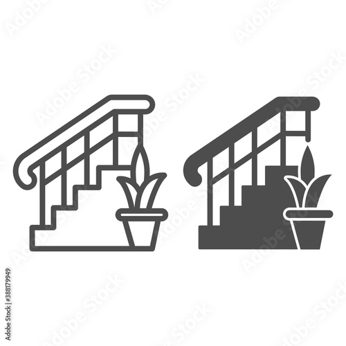 Ladder with railings and plant line and solid icon, interior design concept, stair and flower sign on white background, staircase icon in outline style for mobile concept. Vector graphics.