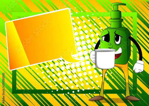 Cartoon bottle of hand sanitizer gel for hygiene  with face holding big mug.