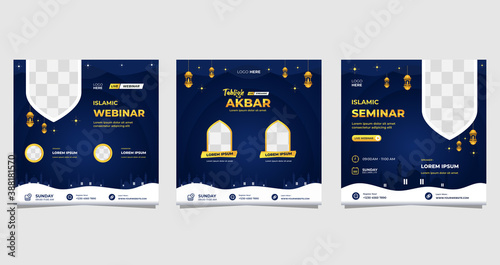 Collection of islamic social media post templates for Islamic webinar, Muslim education, Religion event and other online seminar