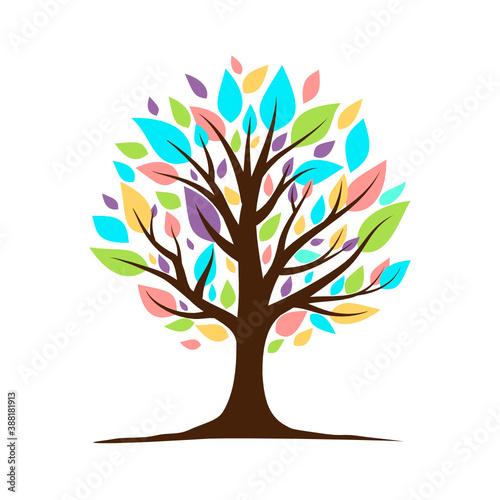 Tree with colorful leaves isolated on white background.