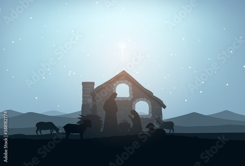 Nativity Scene Silhouette Vector Illustration. Holiday Holly Night. Christmas Cut File Scrapbook. Decorative and Gretting Card. Clip Art.