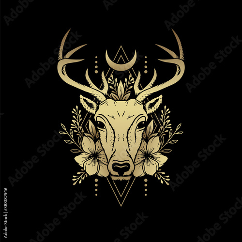 Deer heads with horns, moon and planted ornaments. Luxury illustration. a symbol of mystical magic