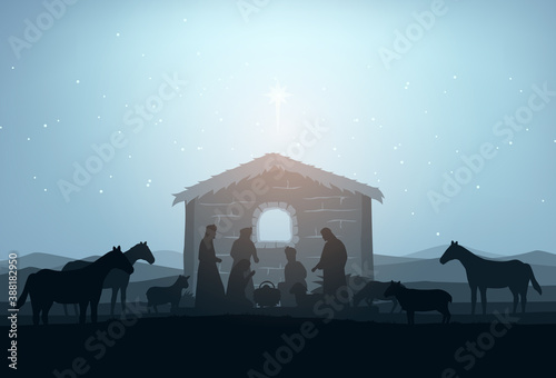 Nativity Scene Silhouette Vector Illustration. Holiday Holly Night. Christmas Cut File Scrapbook. Decorative and Gretting Card. Clip Art.