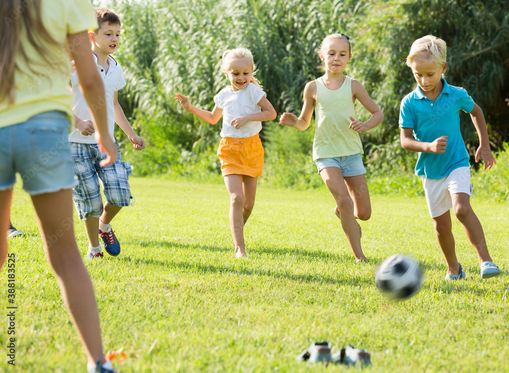Obraz premium active kids having fun and kicking football in park on summer day