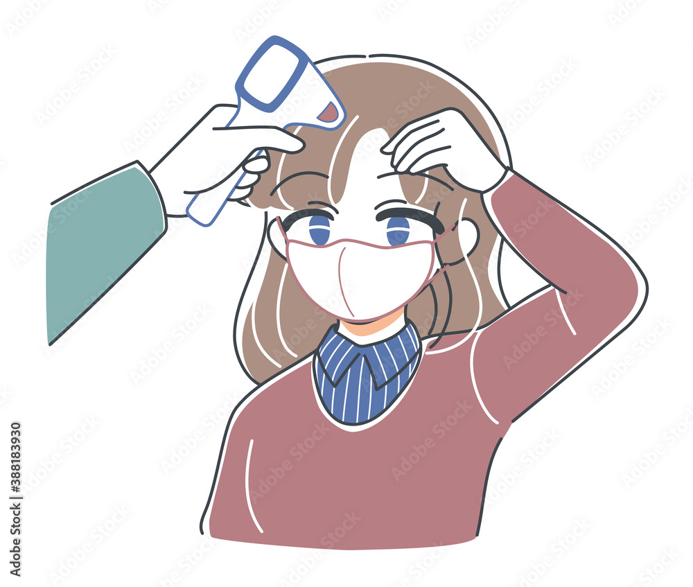Obraz premium ベクター・検温してもらうお姉さんのイラスト・入り口で熱を測る・非接触体温計・笑顔マスク着用