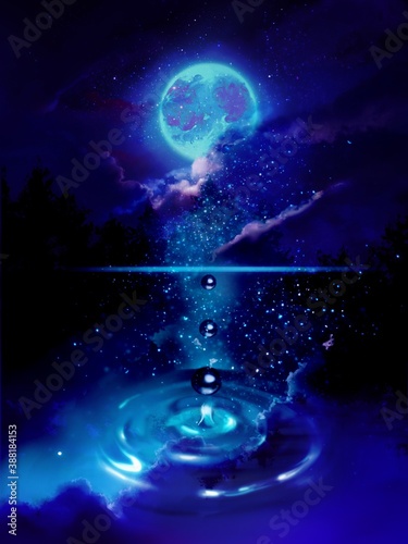 Fototapeta Naklejka Na Ścianę i Meble -  bluely full moon and stars over the silhouette of clouds reflecting on the water