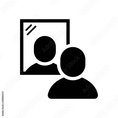 Vector icon of Man standing in front of mirror or window icon, man looking in mirror symbol on isolated white background for UI/UX and website.