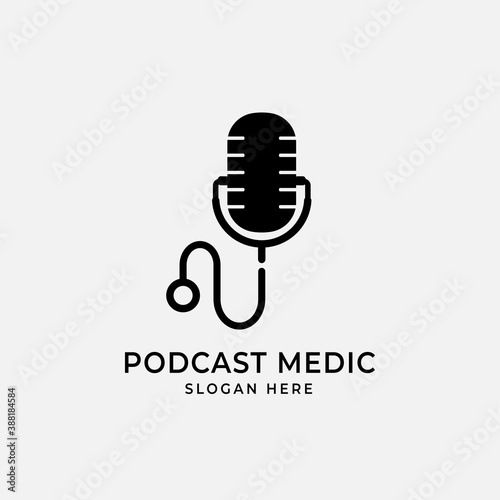 Modern and simple logo design for podcast medical with mic and stethoscope concept