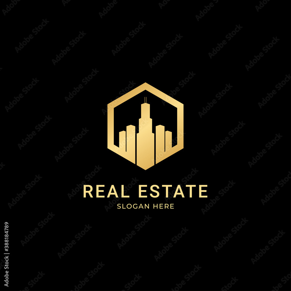 Fototapeta premium Real Estate Business Logo Template, Building, Property Development, and Construction Logo Vector Design Eps 10 with luxury gold color