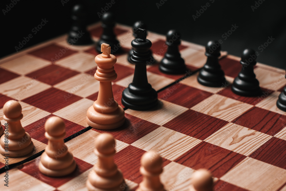 White king against black king face to face on chessboard, battle of two armies White king against black king face to face on chessboard, battle of two armies