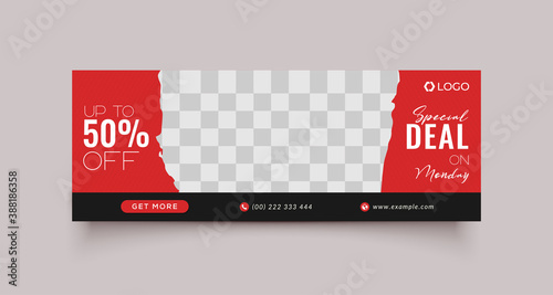 Sale facebook cover page timeline web ad banner template with photo place modern layout red background and white text design