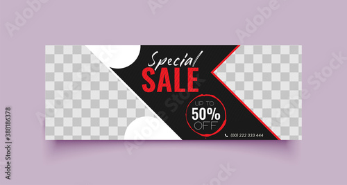 Business sale web ad banner template with photo place modern layout black background and red shape and text design