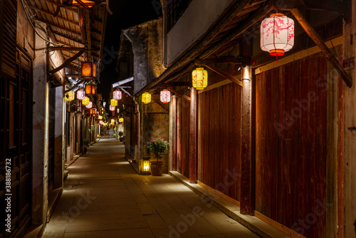 Night view of the narrow street in Zhouzhuang, an ancient Chinese village in Jiangsu province, China.