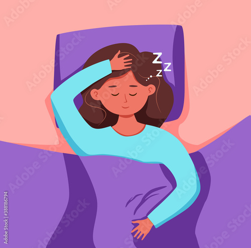 Kid sleep in bed at night vector illustration. Gir childl in pajama having a sweet dream in bedroom.