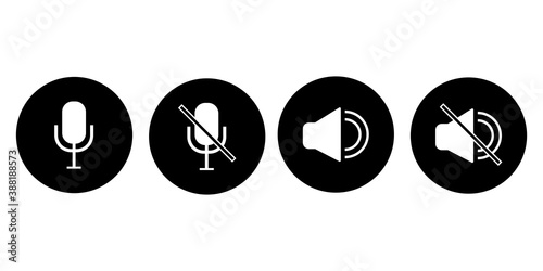 Vector sound on and off icons. Microphone on mute button. Silence symbol. Chat buttons. Stock image. EPS 10.
