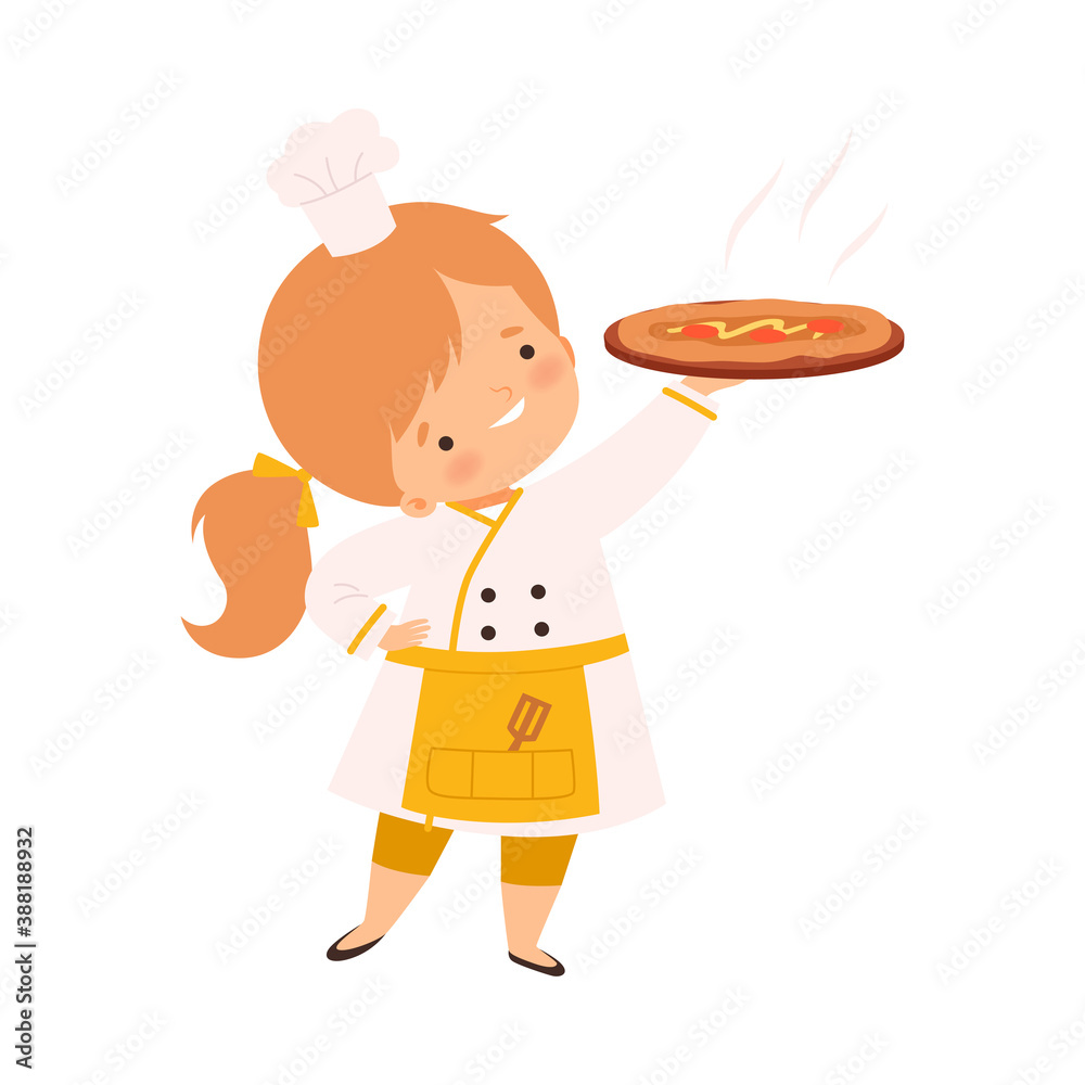 Cute Girl holding Freshly Prepared Pizza, Cute Little Chef Character in Uniform Cooking in the Kitchen Cartoon Style Vector Illustration Cute Girl holding Freshly Prepared Pizza, Cute Little Chef Character in Uniform Cooking in the Kitchen Cartoon Style Vector Illustration