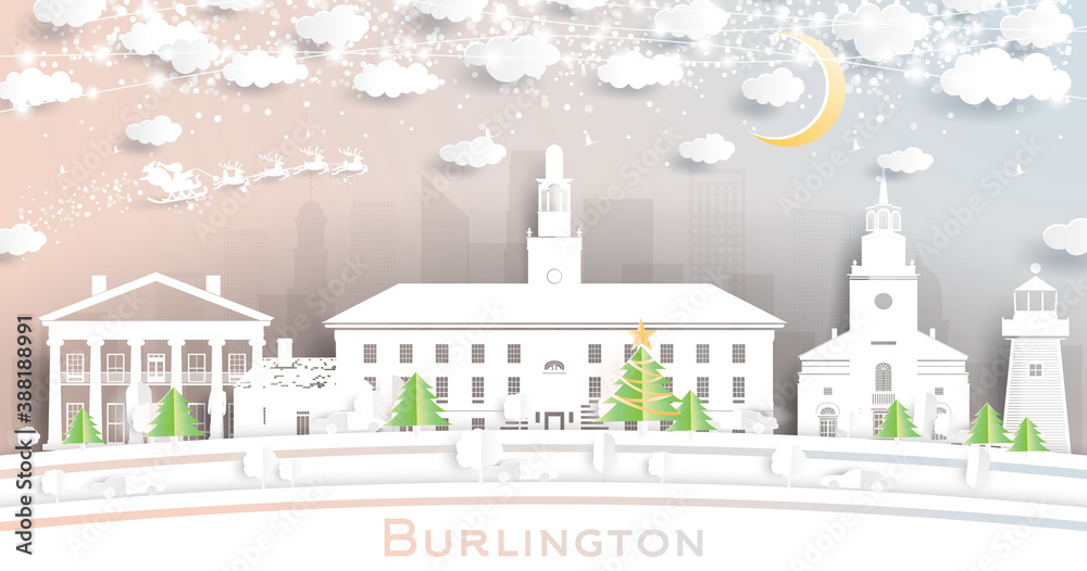 Burlington Vermont City Skyline in Paper Cut Style with Snowflakes, Moon and Neon Garland.