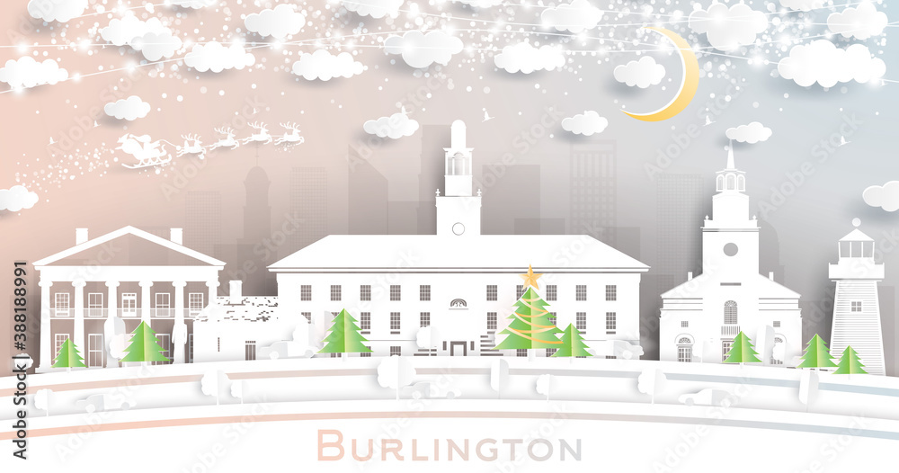 Burlington Vermont City Skyline in Paper Cut Style with Snowflakes, Moon and Neon Garland. Burlington Vermont City Skyline in Paper Cut Style with Snowflakes, Moon and Neon Garland.