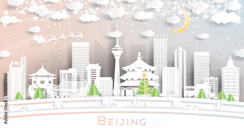 Beijing China City Skyline in Paper Cut Style with Snowflakes, Moon and Neon Garland.