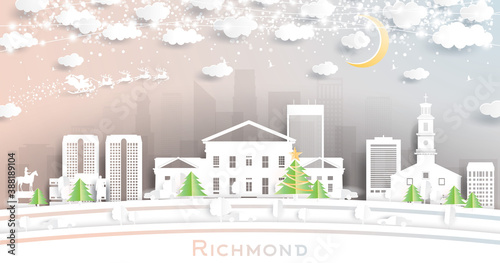 Richmond Virginia City Skyline in Paper Cut Style with Snowflakes, Moon and Neon Garland.