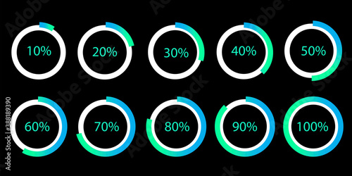 Vector pie chart of percentage loading. Progress process on a black background. A set of circular loaders. Stock image. EPS 10