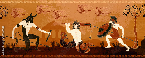 Ancient Greece. Black figure pottery style. Hero Hercules, Medusa gorgon. Warriors. Legends and mythology art. History and culture scene