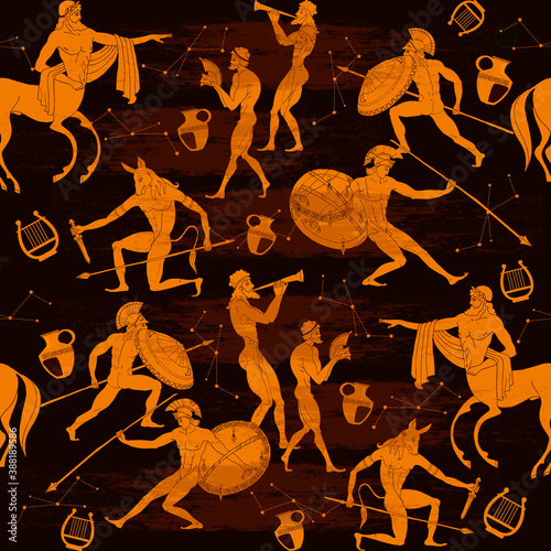 Ancient Greece, seamless pattern. Greek mythology. Centaur, people, gods of an Olympus. Vase painting. Red figure style