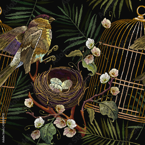 Flowering apple tree, palm leaves, golden cage and bird nest with eggs. Happy easter art. Seamless pattern. Embroidery design. Template for design of clothes, tapestry. Fashion spring garden style