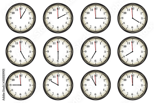 Vector set of clock face. Old classic wall clock. Different times on the clock. Stock image. EPS 10